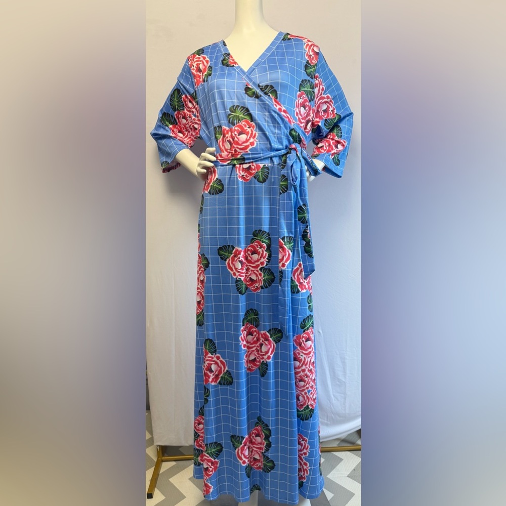 Plus Size: Floral Blue Wrap Dress